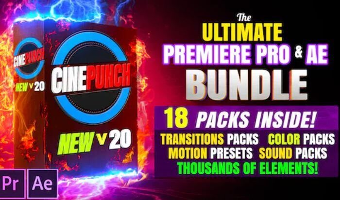 CINEPUNCH BUNDLE v20 – Transitions I Color LUTs I SFX – 18 PACKS – 9999+ Assets